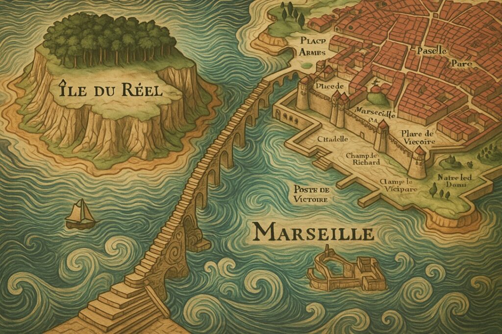 Sur l’île du Réel appelé aussi île Bermond, les escaliers de Marseille deviennent des portails. Chaque marche raconte une histoire, comme si l’Antiquité, le présent et le futur se tenaient là, superposés. On ne descend pas, on traverse les âges. On grimpe avec les fantômes des Grecs qui ont donné un nom à la Méditerranée, on croise les ouvriers de la ville en plein siècle industriel, et on voit des enfants d’aujourd’hui tracer des graffitis, comme des hiéroglyphes modernes.

L’île du Réel n’est pas une terre mais une façon de voir. Elle pousse à réinventer les récits, à ne plus subir l’Histoire mais à la remodeler. Les escaliers, avec leur béton fatigué, deviennent des lignes de temps qu’on réécrit à chaque pas. On ne distingue plus passé et présent : tout est matière vivante, prête à être sculptée. Et là, entre le ciel et la mer, Marseille se raconte autrement, comme un livre ouvert sans fin.

